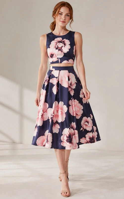 Robe d'invitée romantique bleu marine foncé à fleurs et col rond, coupe trapèze, longueur thé