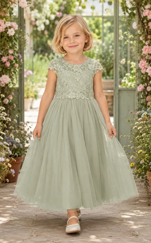 Blumenmädchenkleid aus salbeifarbenem Tüll in A-Linie mit Rundhalsausschnitt und knielanger Silhouette, verziert mit einer Schärpe