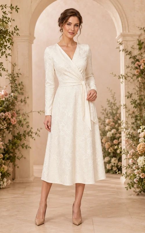 Ivory V-Neck Long Sleeve Wrap Chiffon Tea-Length Dress