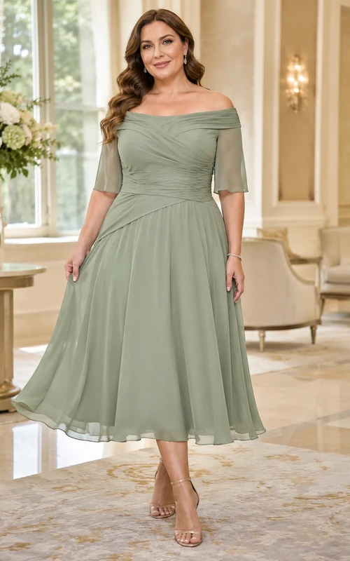 Modernes, schulterfreies, kurzärmeliges A-Linien-Abendkleid in Übergröße in Salbeigrün mit Raffungen und Teelänge