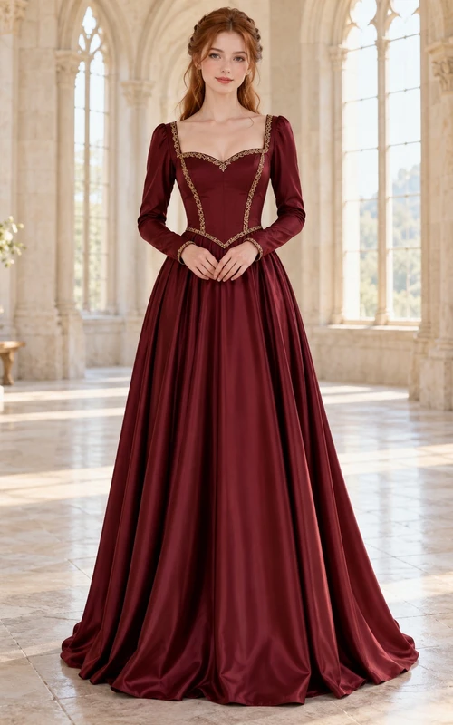 Medieval Burgundy Sweetheart Long Sleeve Gold Trim Velvet Bridesmaid Dress