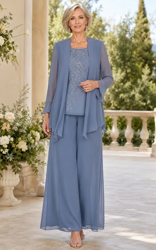 Eleganter, schieferblauer Palazzo-Hosenanzug für die Mutter der Braut, bestehend aus einer dreiviertellangen, bodenlangen Jacke mit Spitzenkragen und Wasserfallausschnitt sowie extra weiten Hosen.