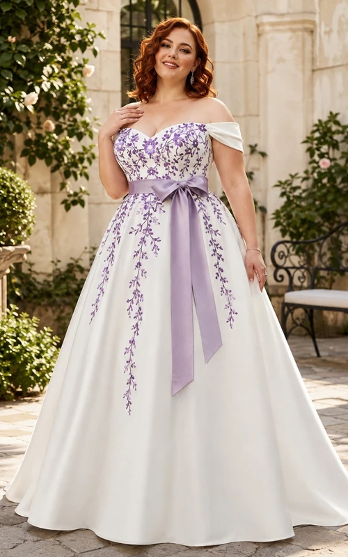 Purple Floral Plus Size A-Line Satin Bridal Dress Off-the-shoulder Short Sleeve Chapel Train