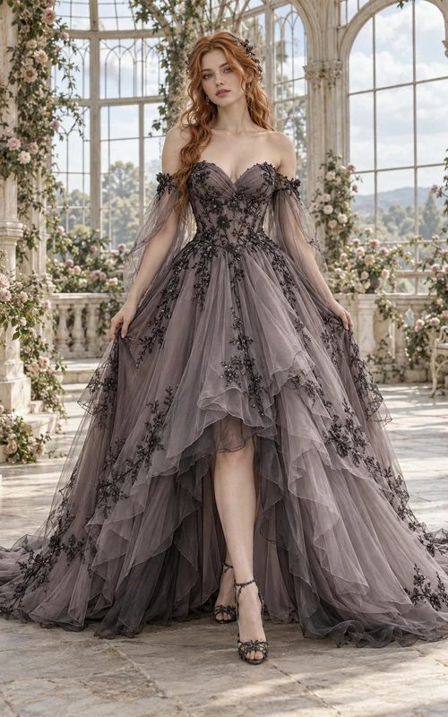 High-low Off Shoulder Grey Black Lace Tiered Tulle Wedding Dress