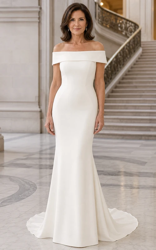 Modern Elegant Off Shoulder Sleeveless Satin Mermaid Court Train Wedding Dress