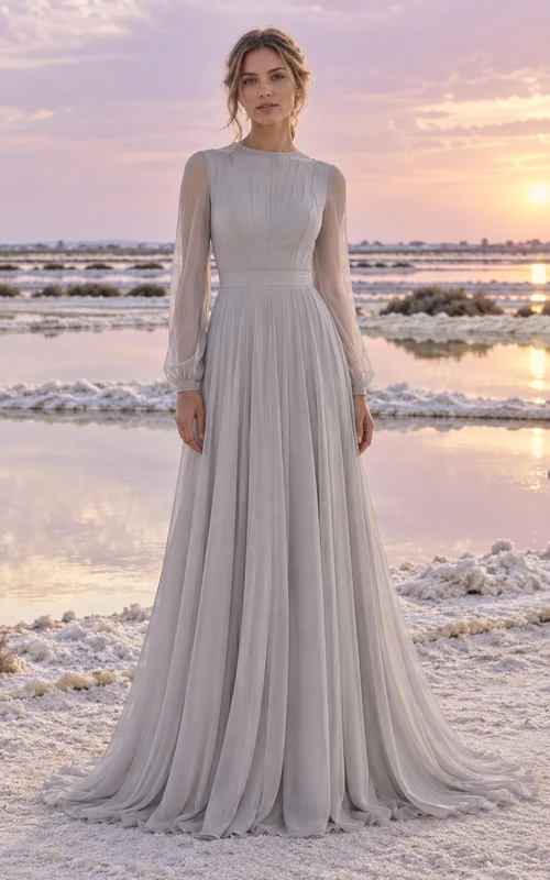 Vestido de novia sencillo y discreto de corte A en color gris acero con cuello joya, manga larga y cola de algodón voile.
