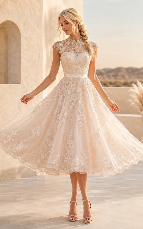 Vintage Tea-Length Bateau Cap Sleeve Lace Tulle Romantic Wedding Dress