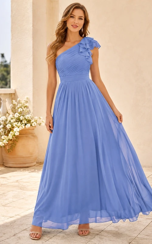 Royal Blue One-Shoulder Petal Sleeve A-Line Floor-length Elegant Maxi Dress