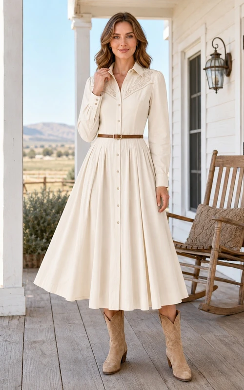 Western High-Neck Long Sleeve Satin A-Line Tea-Length Wedding Dress