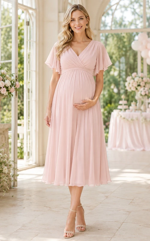 Vestido de maternidad de gasa plisada con escote en V, mangas tipo pétalo, corte imperio y largo hasta la rodilla, color rosa empolvado.
