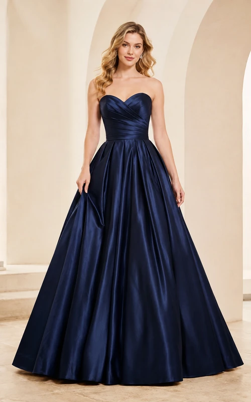 Elegante vestido de fiesta largo de satén azul marino sin tirantes con escote corazón.