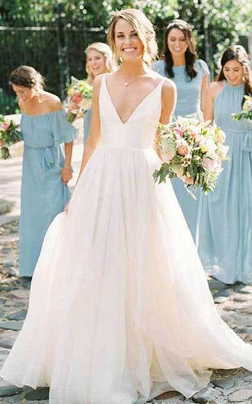 V-Ausschnitt, Tüll-Satin, A-Linien-Ballkleid, bodenlang, ärmellos, Hochzeitskleid