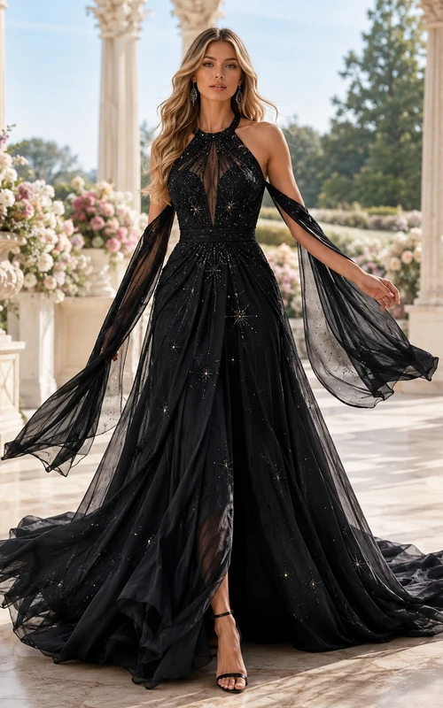Black Tulle V-Neck Sequined Mermaid Sweep-Train Evening Gown