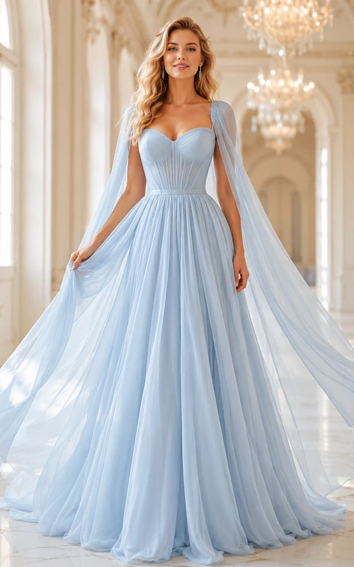 Vestido formal de quinceañera de gasa con escote corazón, manga larga y capa, color azul niebla, corte A.