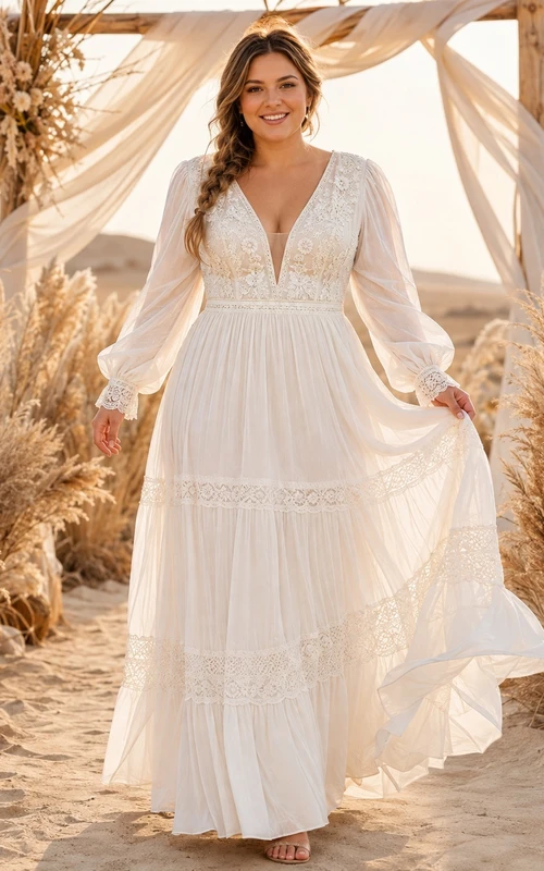 Plus Size Langarm-Chiffon-Empire-Stufenkleid im Boho-Stil mit V-Ausschnitt und langen Ärmeln