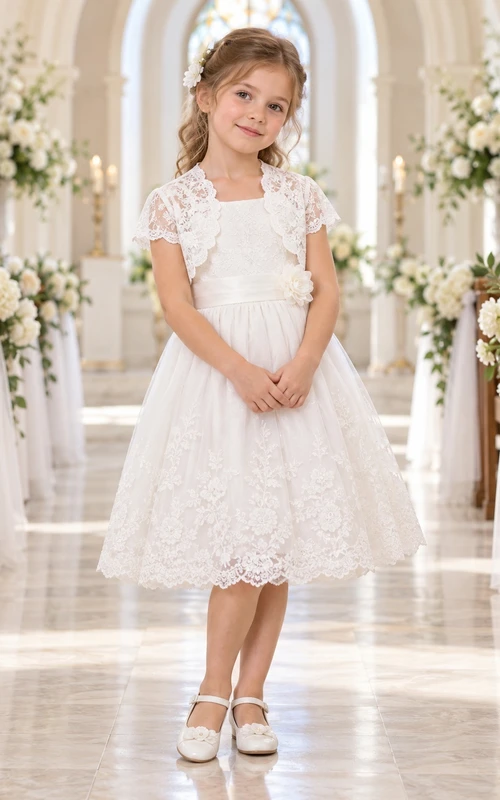 Vestido de niña de flores blanco de corte A, largo hasta la rodilla, con bolero de encaje y mangas cortas, con volantes festoneados y fruncido.