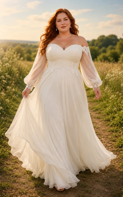 Robe de mariée grande taille en mousseline, coupe trapèze, épaules dénudées
