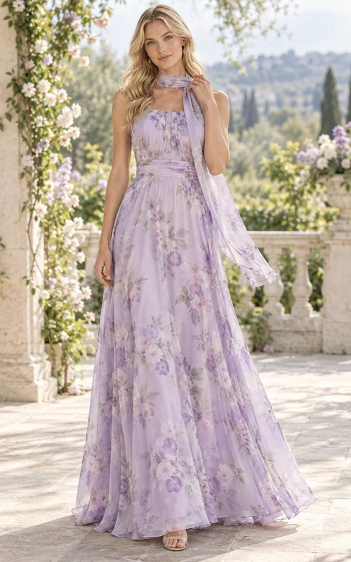 Fliederfarbenes, blumengemustertes, plissiertes Chiffon-Brautjungfernkleid mit Neckholder und Schalkragen, bodenlang