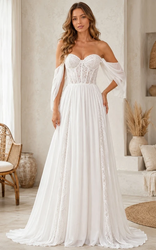 Bohemian Romantic Off-Shoulder Long-Sleeve Tulle-Lace A-Line Sweep-Train Wedding Dress