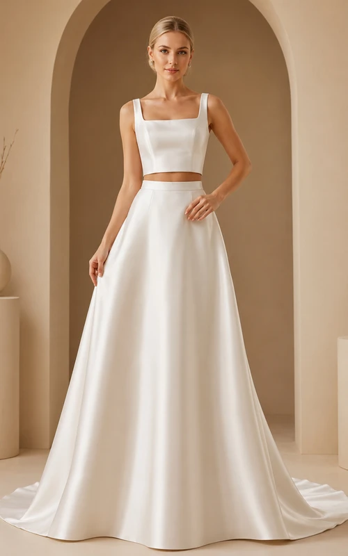 Robe de mariée deux pièces en satin, col carré, coupe trapèze et traîne