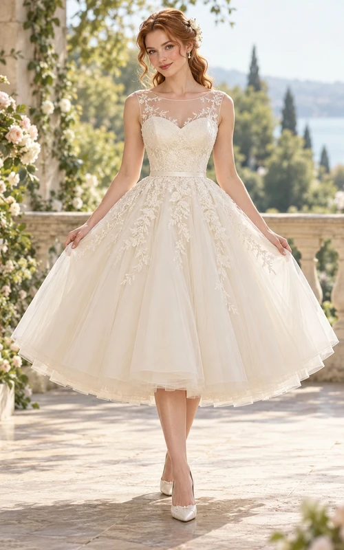 Vintage Tea-length Sleeveless Floral Tulle Illusion A-line Wedding Dress