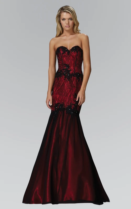 Meerjungfrauen-Kleid, lang, ärmellos, mit Schnürung und Applikationen, herzförmigem Herzausschnitt