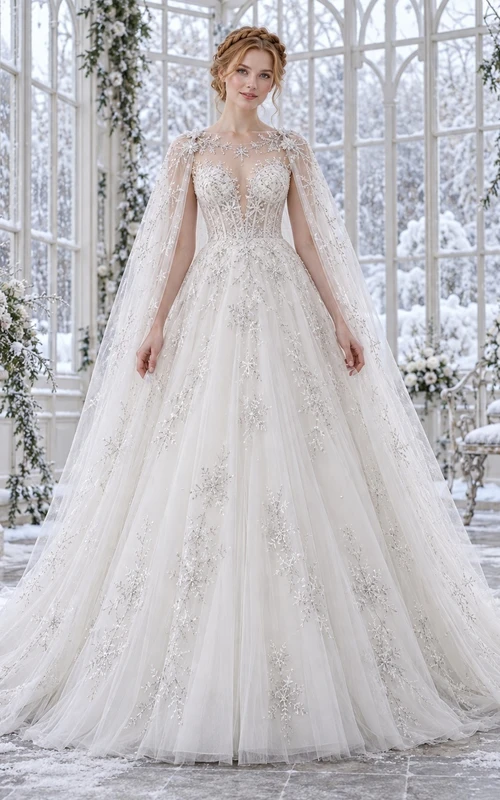 Vestido de novia de invierno con cuello joya transparente y capa bordada con copos de nieve, corte A