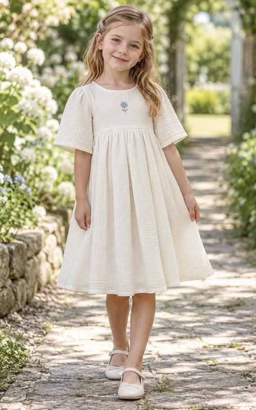 Simple Country Modest Ivory Empire Blue-floral Jewel Half-sleeve Gathered Button-back Flower Girl Dress