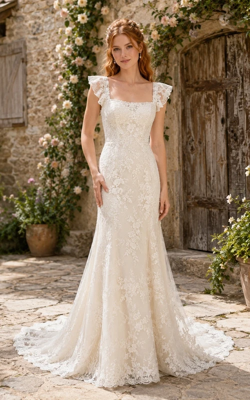 Boho Square-Neck Cap-Sleeve Lace Tulle Mermaid Floor-length Sweep Romantic Bridal Gown