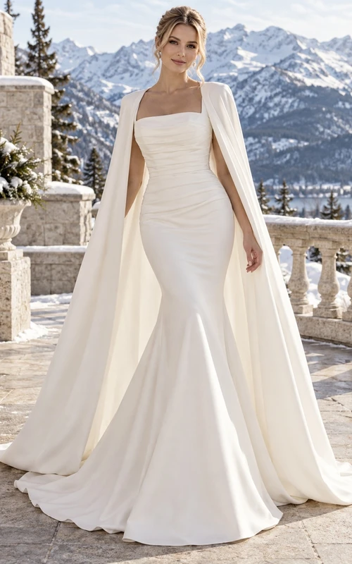 Vestido de novia largo de crepé fruncido con cuello cuadrado y escote estilo sirena, ideal para invierno.