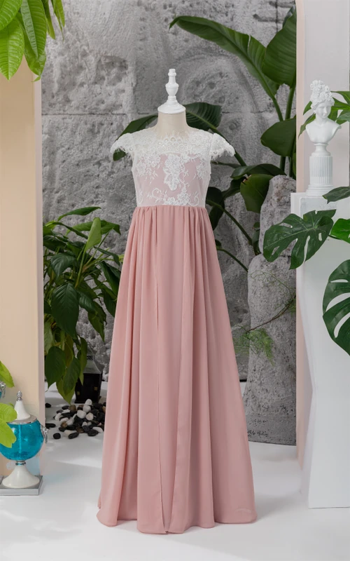 Vestido de niña de flores largo hasta el suelo de gasa estilo imperio blanca y coral con gorro de encaje
