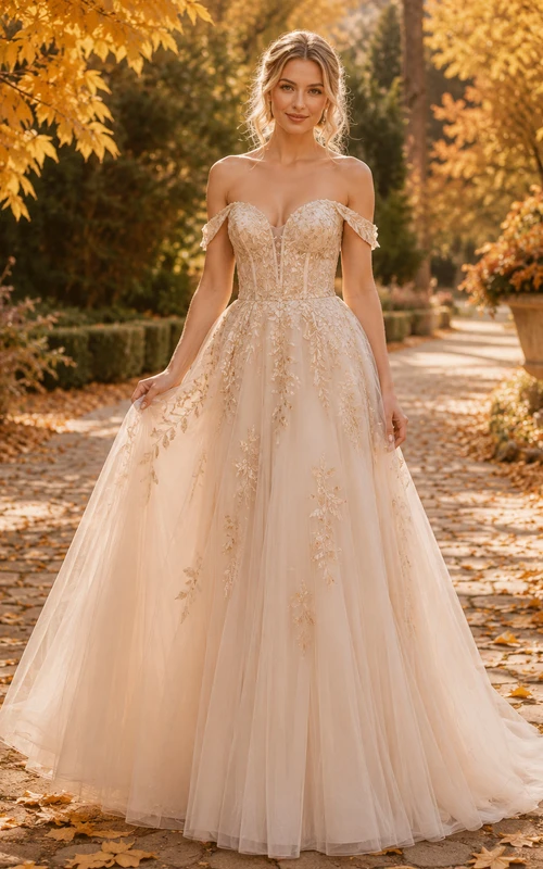Champagne Autumn Off Shoulder Embroidered Tulle A-Line Wedding Dress