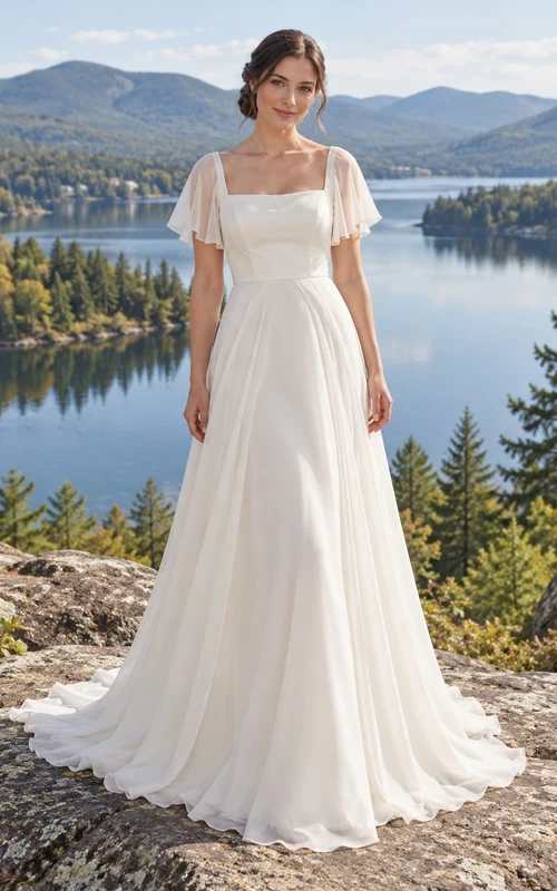 Brautkleid mit eckigem Ausschnitt, flatternden Ärmeln, Chiffon über Satin und A-Linien-Schleppe