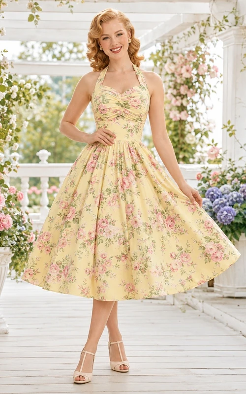 Robe de jardin romantique jaune à fleurs en mousseline de soie, coupe trapèze, longueur thé, col carré, sans manches