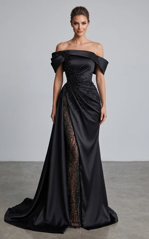 Vestido formal de satén de corte A con cola de cepillo y mangas largas, sexy, con detalles de pedrería.