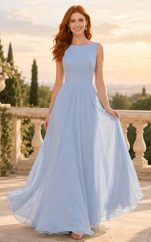 Himmelblaues Chiffon-Abendkleid in A-Linie mit U-Boot-Ausschnitt
