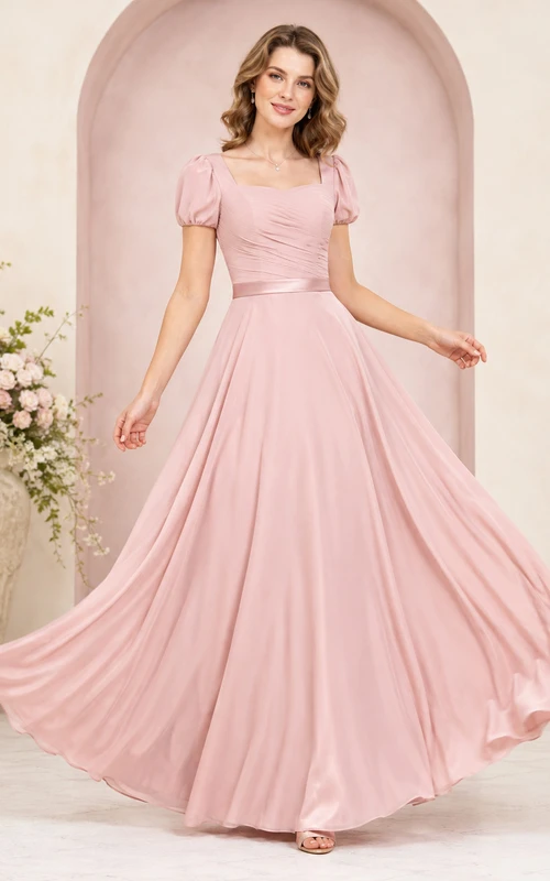 Vestido de madre romántico de gasa plisada de corte A, largo hasta el suelo, con escote cuadrado y mangas abullonadas, color rosa empolvado.