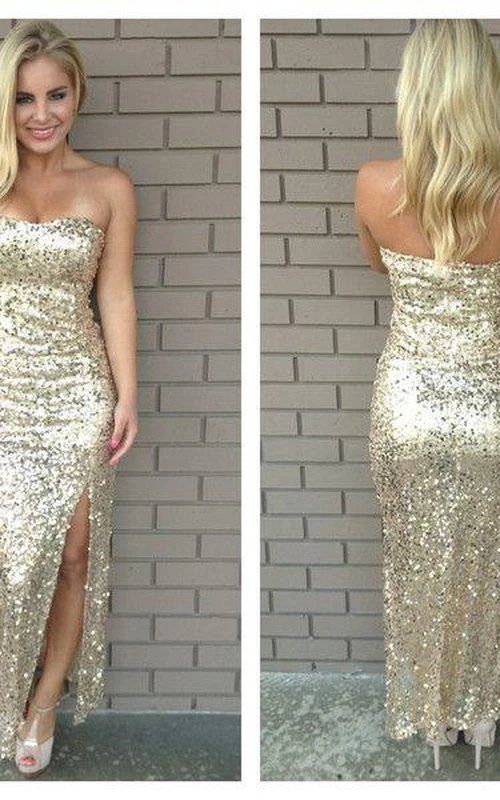 Precioso vestido de fiesta largo hasta el suelo, sin tirantes, con lentejuelas y abertura frontal, ¡en oferta!