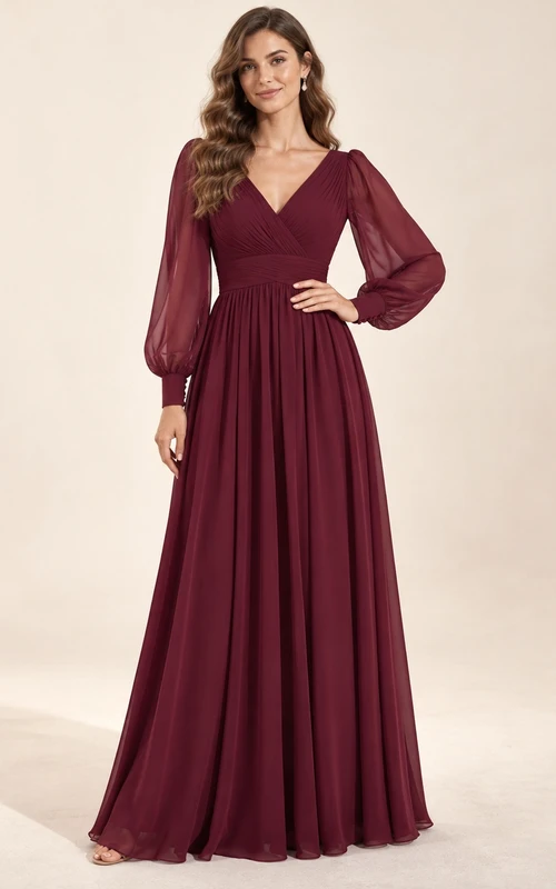 Long Sleeve Simple Burgundy V-neck Chiffon Ruched Banded-Waist Floor-Length A-line Bridesmaid Dress