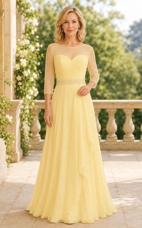 Daffodil Chiffon A-Line Mother Dress With 3/4 Sleeves