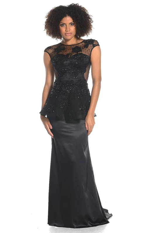Vestido de fiesta largo de satén con mangas cortas, apliques de joyas, abalorios y peplum.