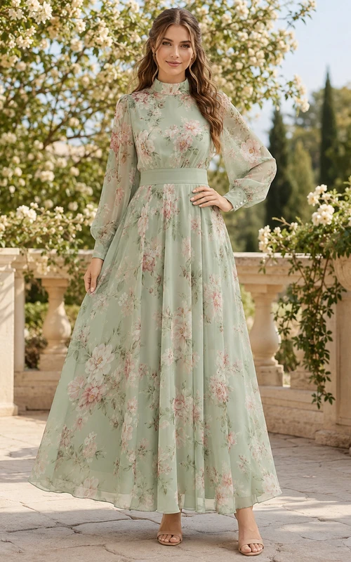 Vestido largo de invitada verde menta con estampado floral, cuello alto y mangas transparentes