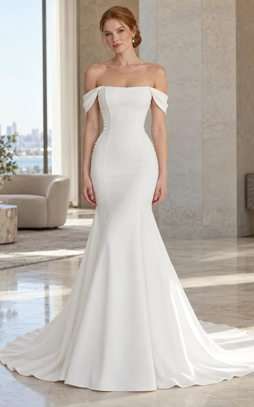 Simple Fit and Flare Off Shoulder Satin Train Wedding Dress