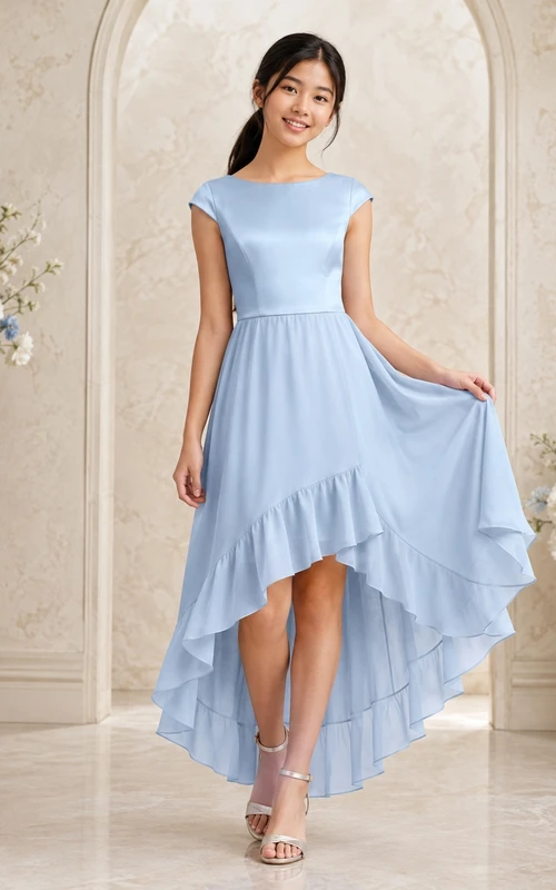Vestido de dama de honor juvenil azul cielo, corte en A, estilo joya, manga corta, corte asimétrico, gasa, volantes, romántico.