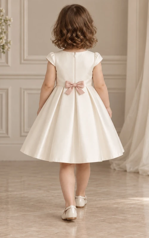 Simple Modest Ivory Knee Length Cap Sleeve Compact Rose Bow Flared Flower Girl Dress