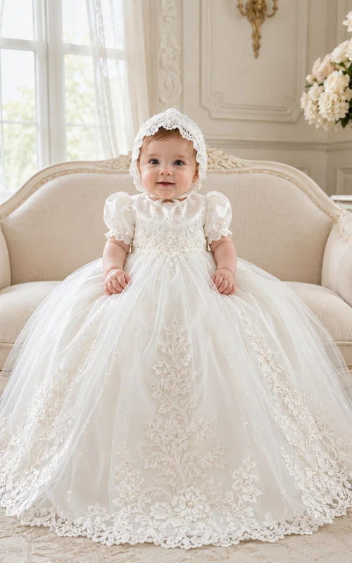 Regal Luxury Baby Baptism Christening Ceremony Gown Ball Gown Floor-Length Jewel Neck Puff Sleeve Tulle Lace Floral Applique Button Back