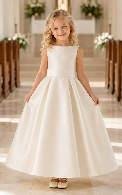 Vestido de niña de flores clásico color marfil con lazo en la espalda, corte en A, sin mangas, cuello joya y falda hasta la rodilla.