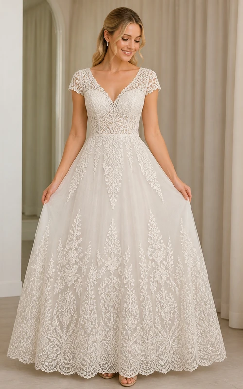 Vestido de novia de princesa talla grande con escote en V, encaje y mangas cortas