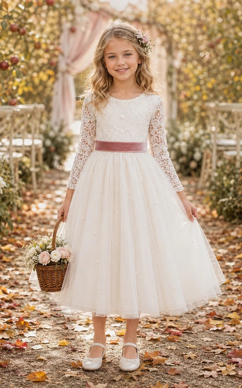 Vestido de niña de las flores para boda de otoño con corte en A, mangas largas transparentes, corpiño de encaje, falda de tul, cinta burdeos en la cintura, estilo ceremonia de otoño.