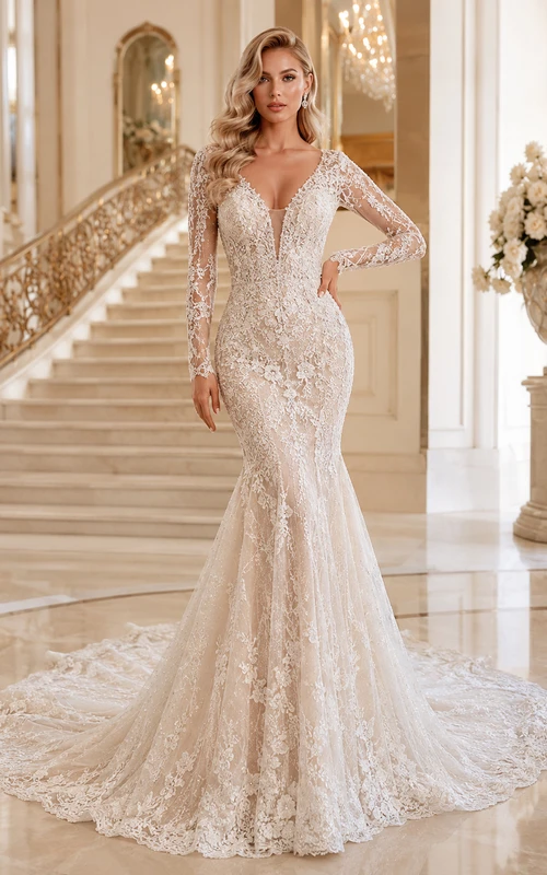 Robe de mariée sirène en dentelle lumineuse, décolleté en V profond, manches longues transparentes, traîne chapelle, applications florales, idéale pour un mariage à destination. Décolleté en V profond, manches longues transparentes, appliques florales.